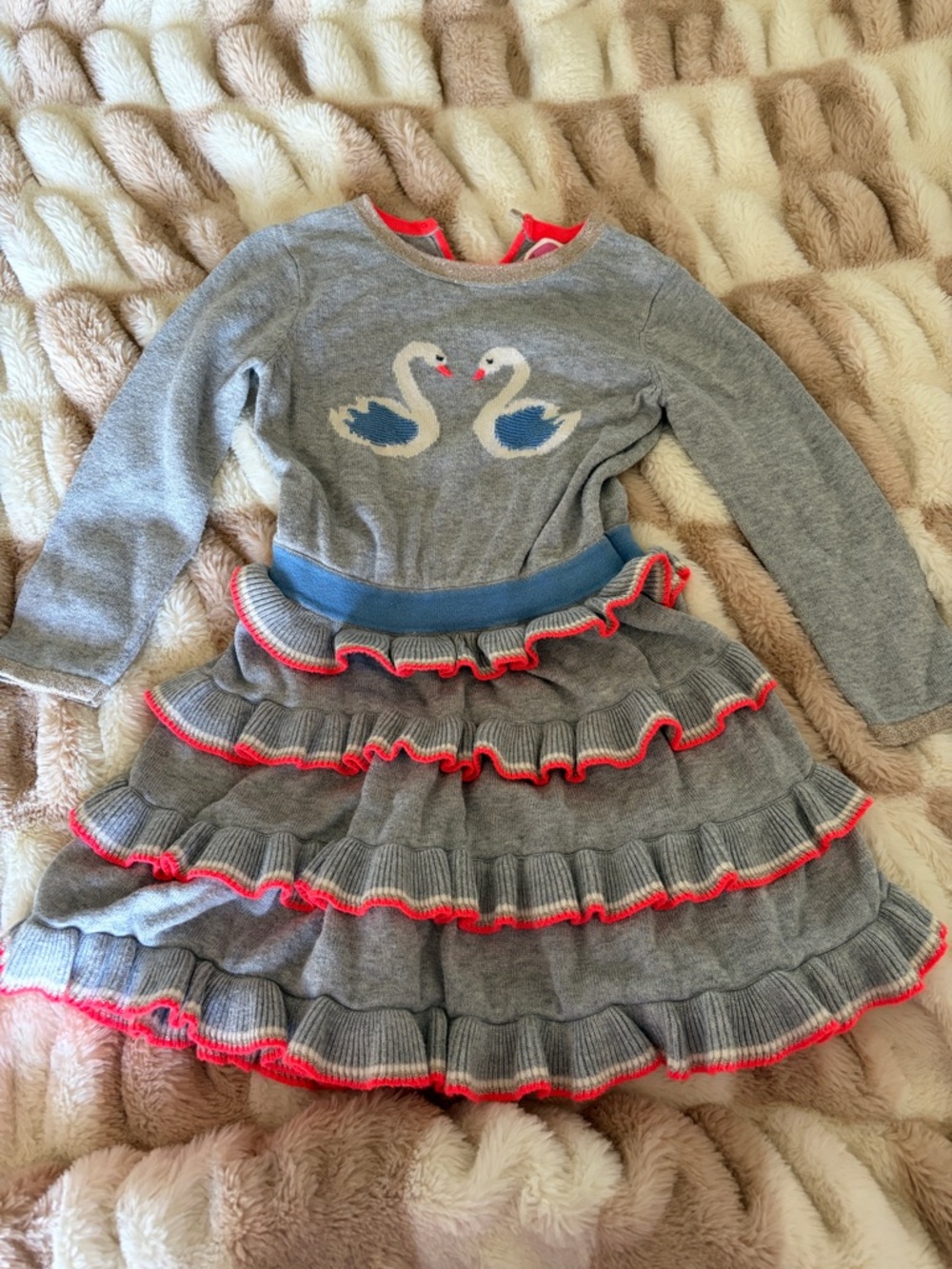 Mini boden Gray Knit Swan Ruffle Dress with Pink Trim